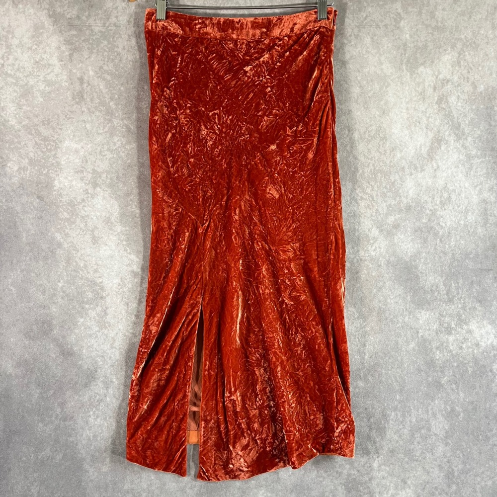 Maeve Skirt Women 6 Burnt Orange Crushed Velvet Midi Side Slit Anthropologie